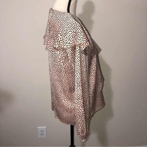 Zara Basic Asymmetric Ruffle Blouse Size M Long Sleeve Polka Dot Pink Black - Picture 4 of 10